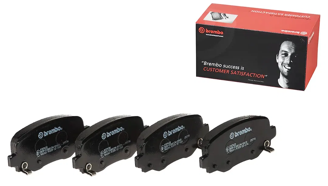 P37020 – BREMBO Brake Pad, FMSI Number D1734- 8958 Low-Metallic Set Of 4 With Mounting Hardware And Pad Wear Sensor